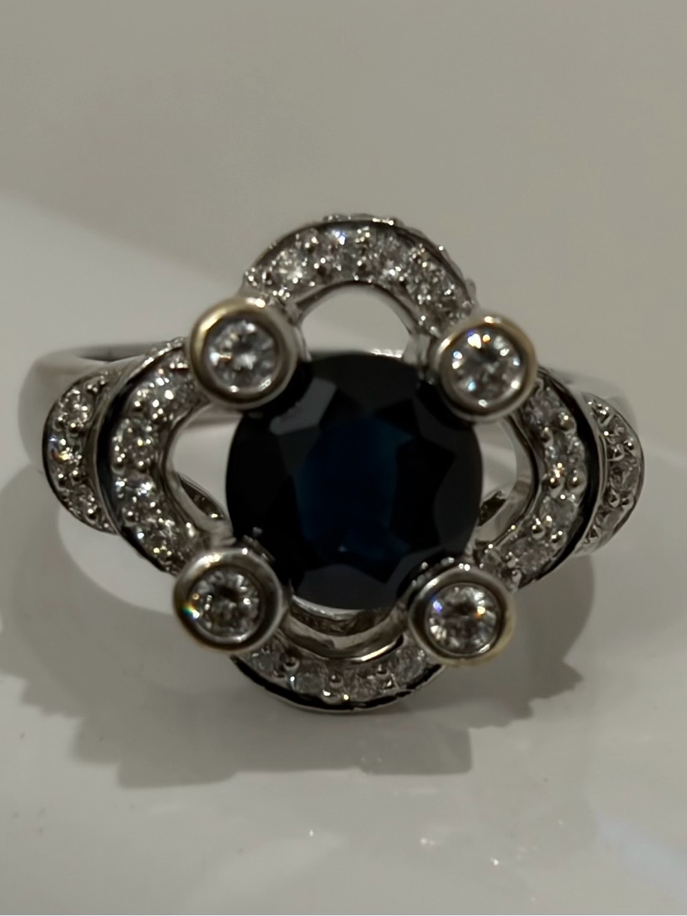 Custom Made Elegant Blue Sapphire and Diamond Halo Ring - Picture 1 of 4
